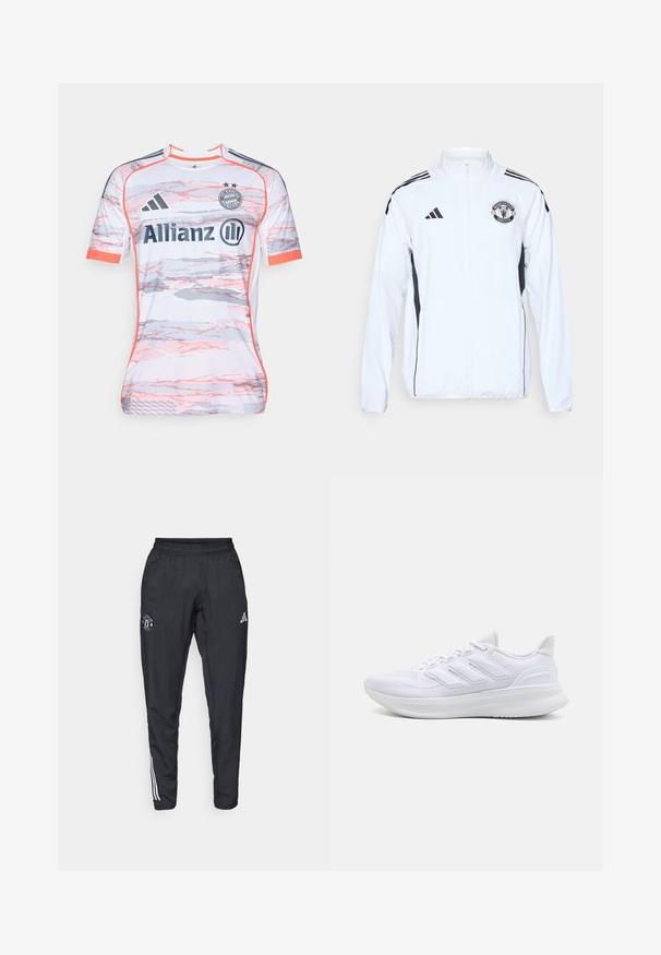 Giacca atletica bianca con accenti neri, chiusura a zip e logo del Manchester United. Presenta tre strisce nere sulle spalle e polsini elasticizzati.; Maglietta da calcio bianca con motivi astratti in rosa e grigio, presenta maniche corte, collo rotondo e logo Adidas. Il marchio "Allianz" è ben visibile.; Pantaloni sportivi neri con vita elastica, logo ricamato sulla coscia e strisce bianche che scorrono lungo i lati.; Scarpe sportive bianche con tomaia in mesh texturato, suola ammortizzata e supportiva, e design a tre strisce sul lato.