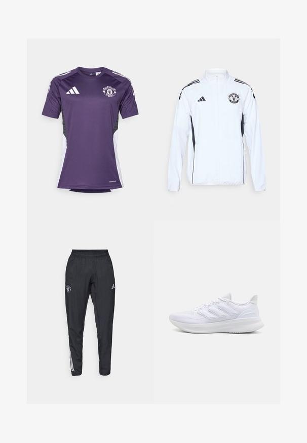 Chaqueta deportiva blanca con detalles en negro, cierre de cremallera y logo del Manchester United. Presenta tres franjas negras en los hombros y puños elásticos.; Camiseta morada del Manchester United con mangas cortas, logo de Adidas y paneles laterales blancos. Fabricada con material que absorbe la humedad.; Pantalones deportivos negros con cinturilla elástica, logo bordado en el muslo y rayas blancas que recorren los lados.; Zapatillas deportivas blancas con una parte superior de malla texturizada, suela acolchada y soporte, y un diseño de tres rayas en el lateral.