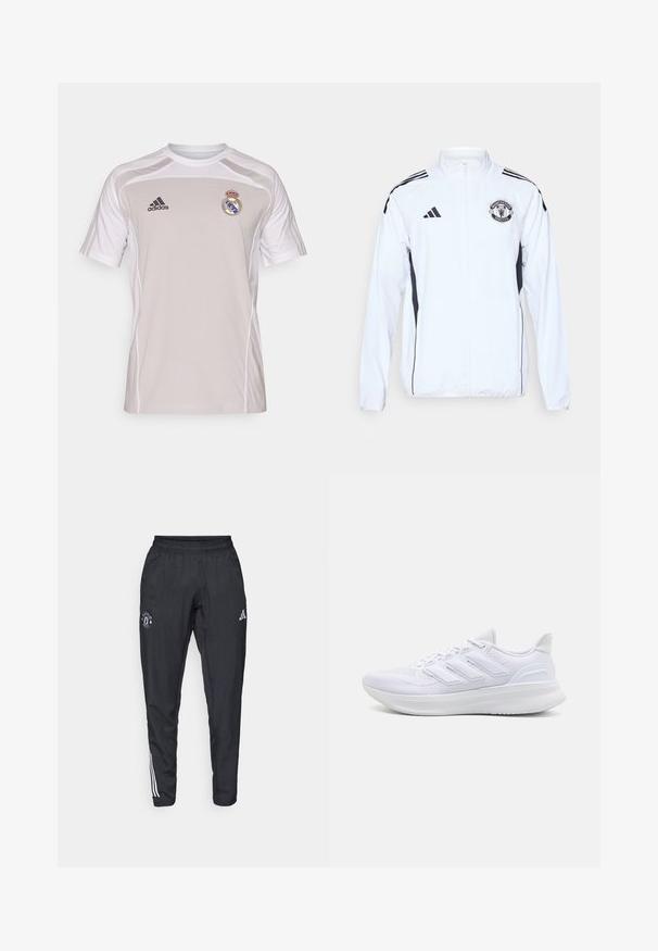Bijela atletska jakna s crnim detaljima, s patentnim zatvaranjem i logotipom Manchester Uniteda. Ima tri crne pruge na ramenima i elastične manžete.; Siva atletska majica s kratkim rukavima, bijelim detaljima, Adidas logotipom i grbom Real Madrida na lijevom prsnom dijelu. Lagani materijal.; Crne atletske hlače s elastičnim pojasom, izvezenim logotipom na butini i bijelim trakama koje se protežu duž bočnih strana.; Bijele atletske cipele s gornjim dijelom od teksturirane mrežice, potporanom uteznom sredinom i dizajnom s tri pruge sa strane.