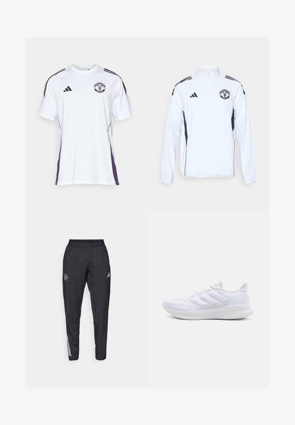 White athletic jacket with black accents, zip closure, and Manchester United logo. Features three black stripes on shoulders and elastic cuffs.; White short-sleeve sports shirt with black and purple side accents, featuring the Manchester United logo and three black stripes on shoulders.; Black athletic pants featuring an elastic waistband, embroidered logo on the thigh, and white stripes running down the sides.; White athletic shoes featuring a textured mesh upper, supportive cushioned sole, and three stripe design on the side.