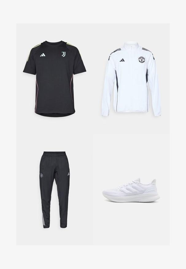 Hvid atletisk jakke med sorte accenter, lynlås lukning og Manchester United logo. Har tre sorte striber på skuldrene og elastiske manchetter.; Sort sports skjorte med korte ærmer, der har lyseblå og gule detaljer, med rund hals og logo på brystet. Glat stoftekstur.; Sorte atletiske bukser med elastisk talje, broderet logo på låret og hvide striber, der løber ned ad siderne.; Hvide sportssko med en tekstureret mesh-overdel, en støttende polstret sål og et tre-stripes design på siden.