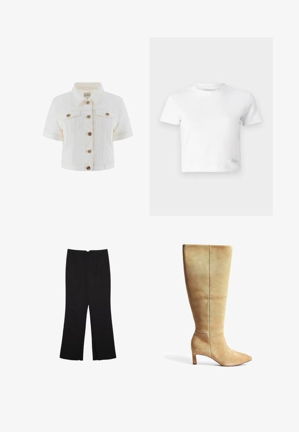 Bela kratka denim jakna s kratkimi rokavi, z zlatimi gumbi, dvema žepoma na prsih in koničastim ovratnikom. Primerna za sproščeno nošenje.; Bela skrajšana majica iz gladkega bombaža, z visokim ovratnikom in kratkimi rokavi. Majhen vezen logotip v spodnjem kotu.; Črne hlače ravnega kroja z naglavnimi žepi in stranskimi razporki na robu. Narejene iz mehke, gladke tkanine. Primerne za različne priložnosti.; Bež usnjeni škorenj do kolen s koničastim nosom in blok peto. Gladka tekstura, minimalističen dizajn in vertikalni šivni detajl na nogavici.