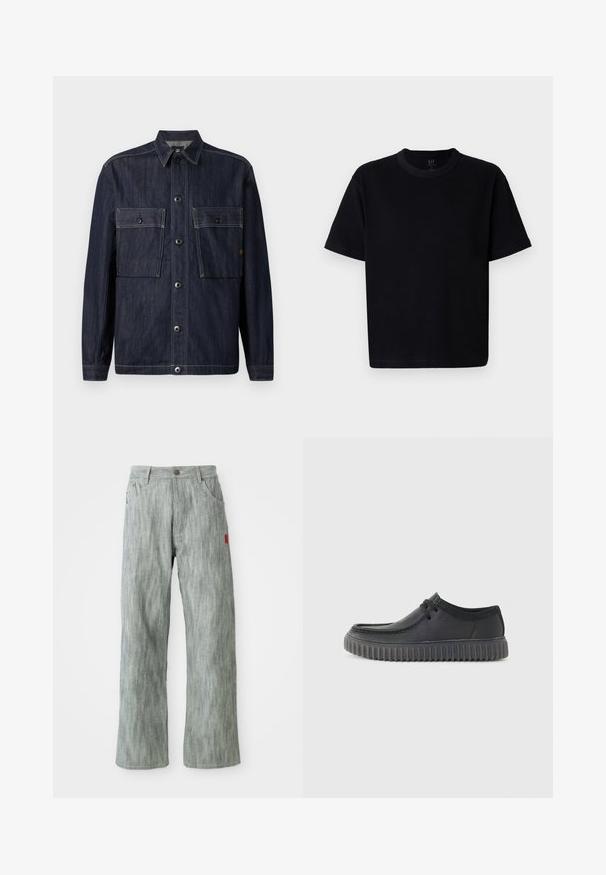 Tamno plava traper jakna s dugim rukavima, ovratnikom, prednjim kopčanjem na dugmad i dva velika džepa s preklopom i dugmadima na prsima.; Crna pamučna majica s okruglim izrezom, kratkim rukavima i ravnim krojem. Ima minimalne šavove i meku, glatku teksturu.; Svijetlosive traperice ravnog kroja s prednjim i stražnjim džepovima, zatvaranjem na gumb i malom crvenom oznakom od tkanine s desne strane.; Crne kožne casual cipele s okruglim vrhom, niskim profilom i debelim rebrastim gumenim potplatom. Imaju detalj s vezicama i glatku teksturu.