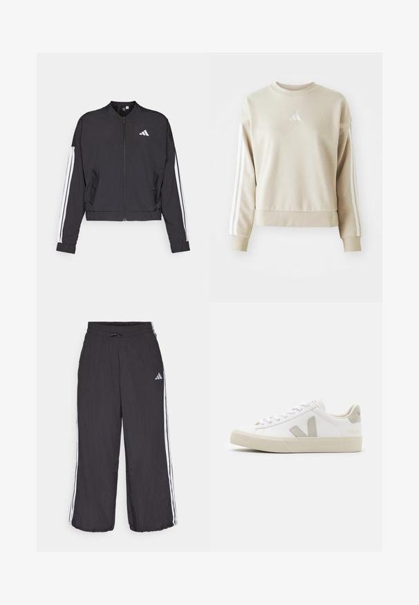 Musta lyhyt takki kevyestä kankaasta, jossa on vetoketjukiinnitys, valkoiset raidat hihoissa ja pieni valkoinen logo rinnassa.; Beige collegepaita, jossa on pyöreä kaulus, ribbistetut hihansuut ja helma. Hihassa on kolme valkoista pystyraitaa ja brodeerattu logo.; Mustat urheiluhousut joustavalla vyötäröllä, joissa on valkoiset sivu raidat ja huomaamaton brändäys vasemmassa yläreunassa. Kevyt materiaali.; Valkoiset nahkakengät harmailla V-logolla, tekstuurilla varustettu kumipohja, valkoiset nauhat, sekä pehmustettu kieli ja nilkka.