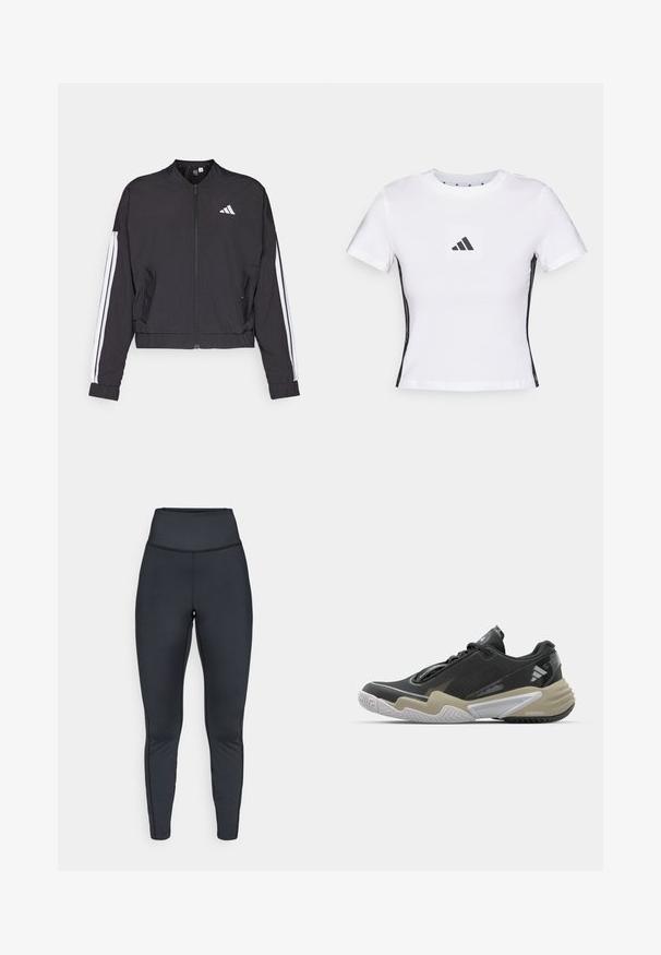 Black cropped jacket made of lightweight fabric, featuring a zip front, white stripes down the arms, and a small white logo on the chest.; White short-sleeve t-shirt made from cotton, featuring a black Adidas logo in a square patch and black side accents. Classic crew neckline.; High-waisted black athletic leggings with flat seams, designed for a snug fit and flexibility.; Black and beige athletic shoe with textured upper, prominent sole design, reflective accents, and lacing system. Lightweight construction.
