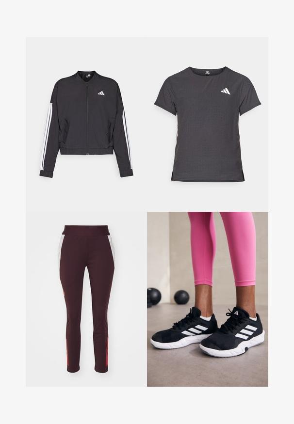 Črn izrezan jopič iz lahkega materiala, z zadrgo spredaj, belimi črtami dol po rokavih in majhnim belim logotipom na prsih.; Kratka športna majica s kratkimi rokavi, temno siva z perforirano teksturo. Ima bel logotip in kontrastne stranske črte. Okrogel ovratnik.; adidas Performance FC BAYERN M�NCHEN TRAINING PANT W - Športne kratke hlače - shadow maroon/red; Črne športne čevlje z belimi črtami, teksturirano mrežasto zgornjišče in belo podplat. Obuti z roza legginsom, ki prikazujejo športno obleko.