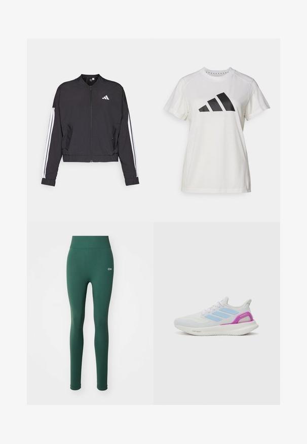 Chaqueta corta negra hecha de tejido ligero, con cierre de cremallera frontal, rayas blancas en las mangas y un pequeño logo blanco en el pecho.; Camiseta atlética blanca de tejido suave. Presenta mangas cortas y un gran logotipo negro de Adidas con tres rayas debajo.; Leggings verdes con una textura suave, cinturilla alta y un sutil detalle del logo en la parte frontal. Diseño ajustado y cobertura de largo completo.; adidas Performance PUREBOOST 5 - Zapatillas running asfalto - white/glow blue/purple burst