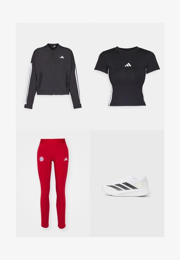 Black cropped jacket made of lightweight fabric, featuring a zip front, white stripes down the arms, and a small white logo on the chest.; Black fitted t-shirt made of smooth fabric. Features short sleeves and white adidas logo on the chest. White stripes down the sides.; adidas Performance FC BAYERN M�NCHEN WMN TIGHT - Club wear - team power red; White athletic shoe with black diagonal stripes, mesh upper, rounded toe, and textured sole. Accents include a silver heel and minimalistic design.