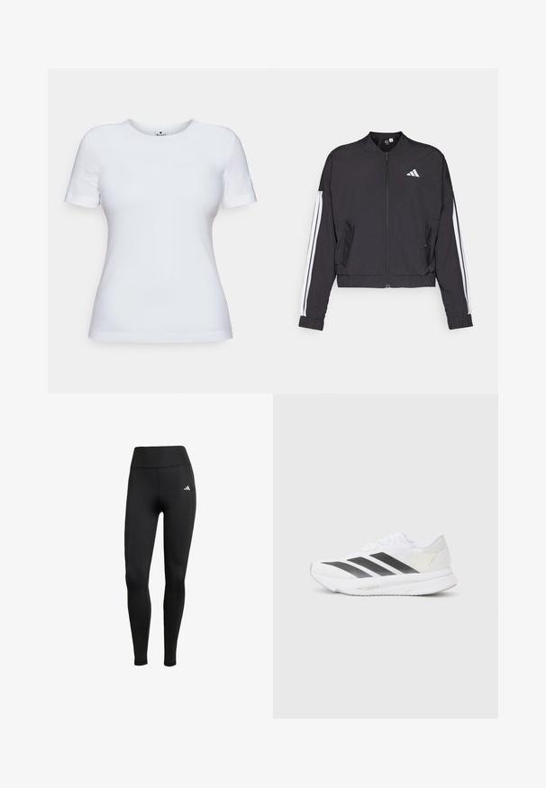 Zwarte cropped jas van lichtgewicht stof, met een ritssluiting aan de voorkant, witte strepen op de armen en een klein wit logo op de borst.; Witte korte mouwen T-shirt van katoen, met een ronde hals en een slim fit. Geen patronen of accenten zichtbaar.; Zwarte sportleggings met een hoge tailleband. Gemaakt van rekbare stof met een wit logo detail aan de bovenste linkerkant.; Witte sportschoen met zwarte diagonale strepen, bovenwerk van gaas, ronde neus en gestructureerde zool. Accenten zijn onder andere een zilveren hak en een minimalistisch ontwerp.