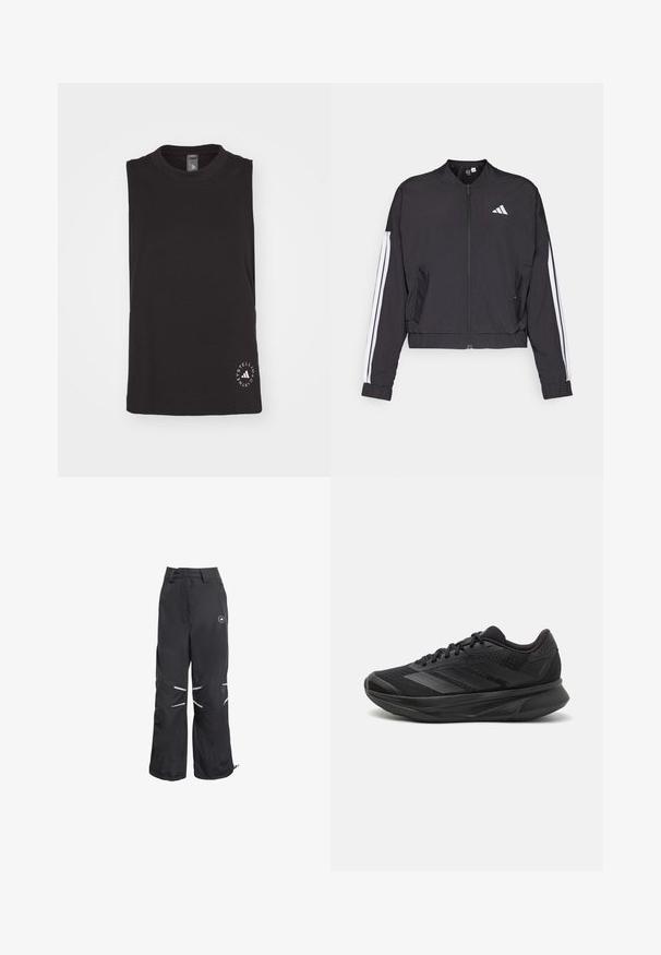 Svart kort jakke laget av lett stoff, med glidelås foran, hvite striper ned over armene, og en liten hvit logo på brystet.; Svart ermeløs topp laget av myk bomull, med rund hals og et sirkulært logo i hvitt nederst til høyre.; Svarte vide bukser med refleksdetaljer på knærne, høy midje med beltehull, og et rundt logo på øvre høyre lår.; Svarte joggesko med pustende mesh-overdel, avrundet tå, slankt design, teksturerte detaljer og en polstret såle for komfort.