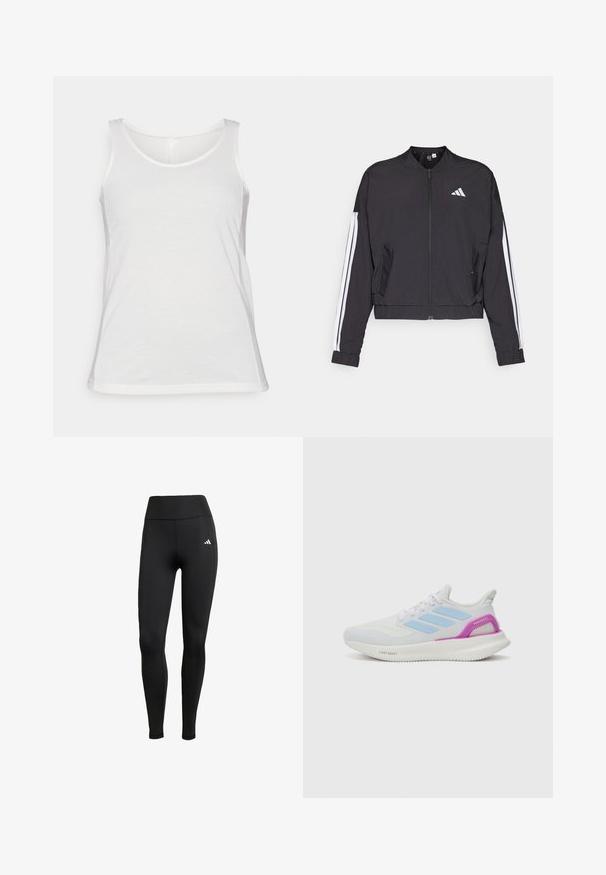 Schwarze, kurz geschnittene Jacke aus leichtem Stoff, mit Reißverschluss vorne, weißen Streifen an den Ärmeln und einem kleinen weißen Logo auf der Brust.; Weißes ärmelloses Tanktop aus weichem Stoff; verfügt über einen runden Ausschnitt und eine reguläre Passform, mit glatter Textur und einem abschließend genähten Saum.; Schwarze Sportleggings mit hohem Bund. Aus dehnbarem Stoff gefertigt, mit einem weißen Logodetail auf der oberen linken Seite.; adidas Performance PUREBOOST 5 - Laufschuh Straße - white/glow blue/purple burst