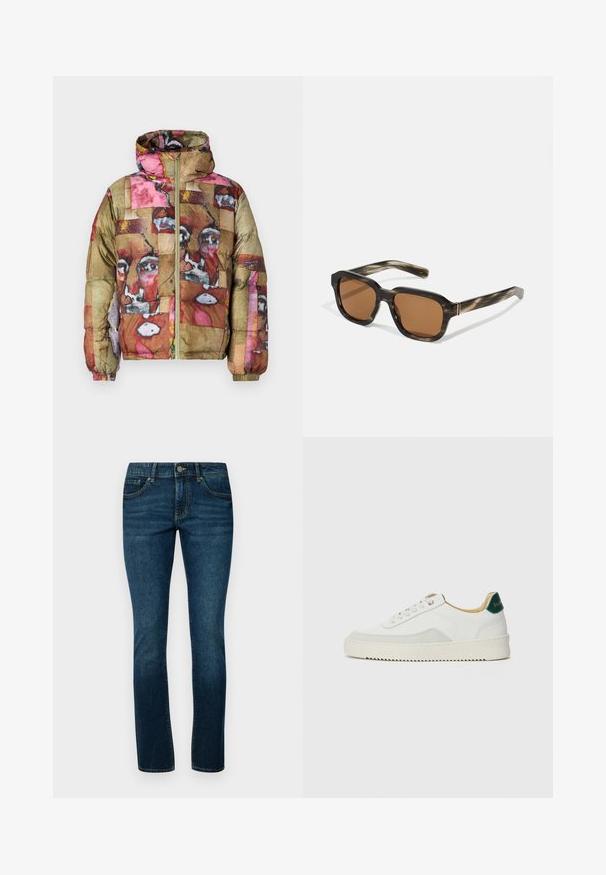 Multiszínes, absztrakt mintázatú pufi kabát rózsaszín, barna és arany árnyalatokban, kapucnival és elülső cipzárral.; Fehér pamut póló rövid ujjakkal, kerek nyakkal és bal oldalon elhelyezett zsebbel, amelyen egy kék "Patagonia" logó található. Klasszikus szabású, sima textúrával.; Sötétkék farmernadrág klasszikus egyenes szabással, öt zsebes kialakítással és strapabíró fém gombos záródással a deréknál.; Fehér sneaker suédé részletekkel, kerek orral, lapos fűzőkkel és krémszínű gumitalppal. Zöld logó található a sarkán.; Műanyag napszemüveg teknősbékapáncélszerű mintával, nyolcszögletű barna lencsékkel és vékony arany hardware díszítéssel a kereten.