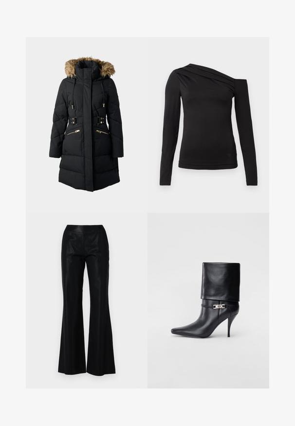 Parka rembourré noir avec capuche en fausse fourrure, poches zippées, cordons de serrage réglables et taille ceinturée, avec des accents en métal doré.; Haut noir à manches longues avec un décolleté asymétrique, mettant en valeur une épaule dénudée et un drapé délicat sur la poitrine.; Pantalons évasés noirs en tissu lisse et brillant. Comprend une taille ajustée et de légères rayures pour ajouter texture et détail.; Bottine en cuir noir avec un bout pointu, un haut talon aiguille, un revers, et un détail décoratif en boucle dorée au niveau de la cheville.