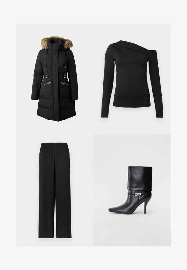 Černá zateplená parka s kapucí z umělé kožešiny, se zapínacími kapsami, nastavitelnými šňůrkami a páskem v oblasti pasu, zdobená zlatými kovovými prvky.; Černý top s dlouhým rukávem a asymetrickým výstřihem, jedním ramenem odkrytým a jemným drapováním přes hrudník.; Černé kalhoty s širokými nohavicemi a elastickým pasem, vyrobené z hladkého, lehkého materiálu. Mají rovný střih a žádné viditelné vzory.; Černé kožené kotníkové boty s špičatou špičkou, vysokým stiletto podpatkem, ohrnovací manžetou a zlatým ozdobným přezkovým detailem na kotníku.