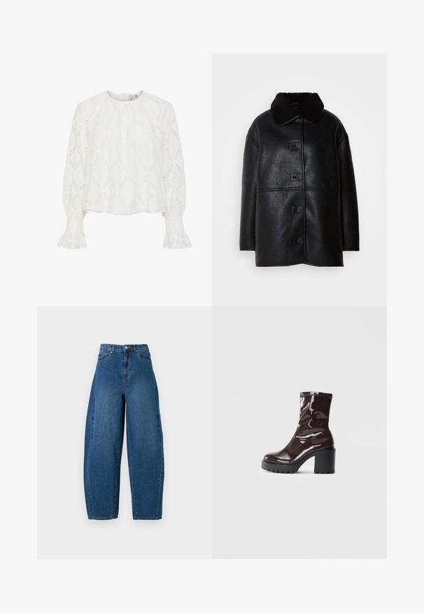 Mustan nahkajope tekstuurse viimistlusega, laia kraega ja viie esipainuga. Omab lõdva istuvust ja sirget lõiget.; Valge pluus, millel on tekstuuriga teemantimuster ja volangkäised smock-käevarrastes. Ümmargune kaelus; kerge ja hingav kangas.; Keskmise sinise tooniga teksad, millel on kõrge talje, lai jalaliik ja standardne viie taskuga disain koos nähtavate õmbluste detailidega.; Klakav läikiv burgundi värvi pahkluu saabas, millel on paks must konts, sile tekstuur ja lihtne disain. Nähtavad kinnitused või mustrid puuduvad.