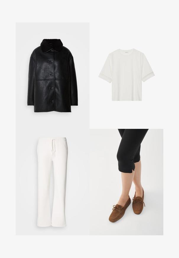 Manteau en cuir noir avec une finition texturée, large col et cinq boutons sur le devant. Présente une coupe décontractée et droite.; T-shirt blanc à manches courtes en coton, avec des bordures en dentelle décoratives le long des manches et un col rond.; Pantalons de jogging blancs, à coupe décontractée, fabriqués en tissu doux, dotés d'une taille élastique avec cordon de serrage et d'une conception à jambe droite.; Mocassins en suede marron avec un bout rond, des accents en dentelle et un profil bas. Portés avec des leggings noirs coupés sur un fond blanc.