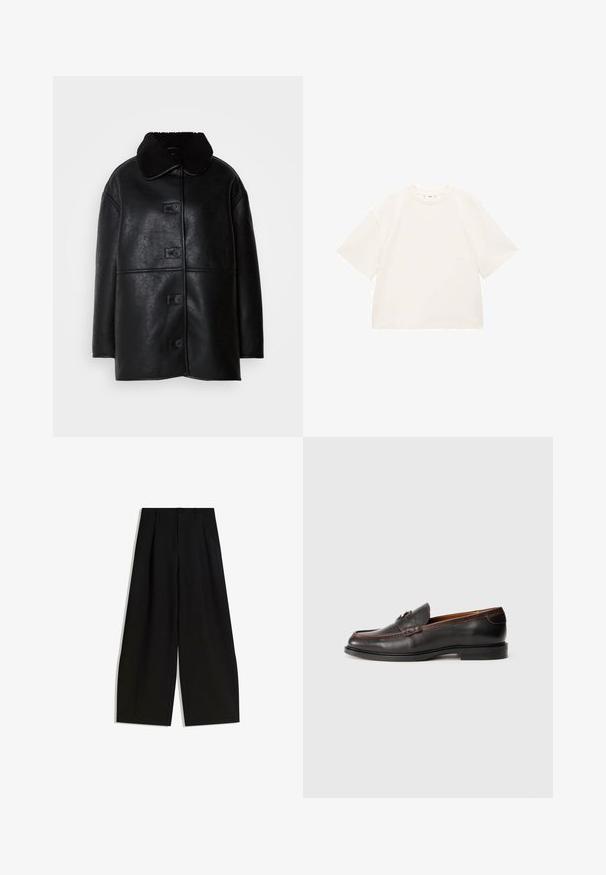 Schwarzer Leder-Mantel mit strukturierter Oberfläche, breitem Kragen und fünf vorderen Knöpfen. Hat eine lockere Passform und geraden Schnitt.; Übergroßes weißes Baumwoll-T-Shirt mit kurzen Ärmeln, rundem Ausschnitt und glatter Textur. Keine Muster oder sichtbaren Hardwaredetails.; Schwarze weite Hosen aus glattem Stoff, mit hoher Taille, Falten an der Vorderseite und ohne sichtbare Verzierungen oder Muster.; Schwarze Lederloafers mit glatter Oberfläche, abgerundeter Spitze und gestickten Details. Verfügt über einen niedrigen Absatz und ein minimalistisches Design.