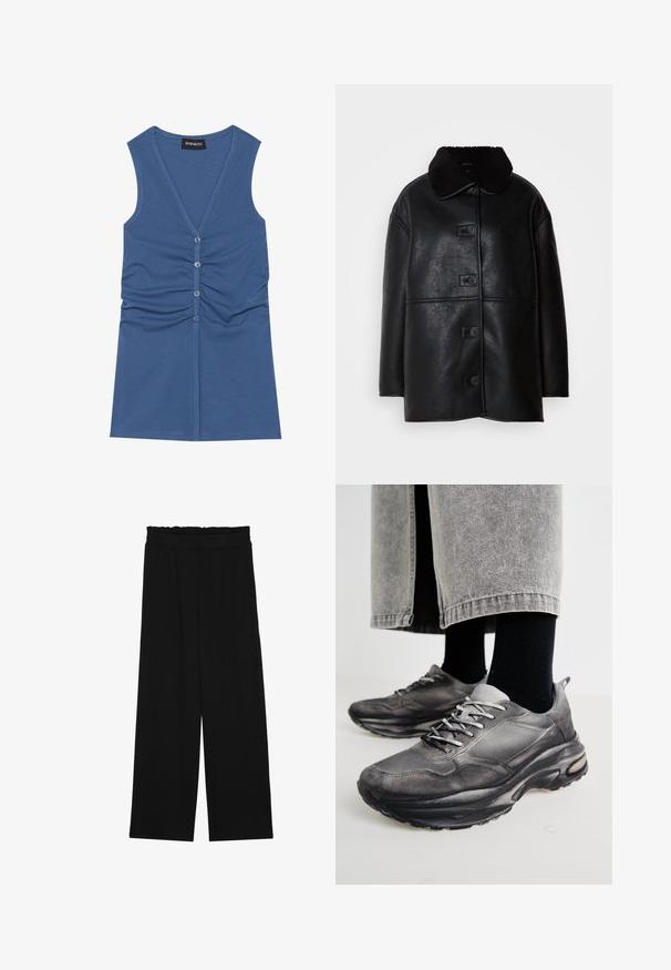 Zwarte leren jas met een gestructureerde afwerking, brede kraag en vijf voorknopjes. Heeft een losse pasvorm en rechte snit.; Blauwe mouwloze top van zacht materiaal, met een diepe V-hals, knoopsluiting en geplooide details aan de voorkant.; Zwarte wijde broek met een gerimpelde tailleband, voorzien van twee zijzakken en een soepele, lichte stof. Geen zichtbare patronen of hardware.; Zwarte en grijze sport schoenen hebben een mesh bovenkant, dikke zolen en veters. Ze hebben een ronde neus en zichtbare dempingsdetails.