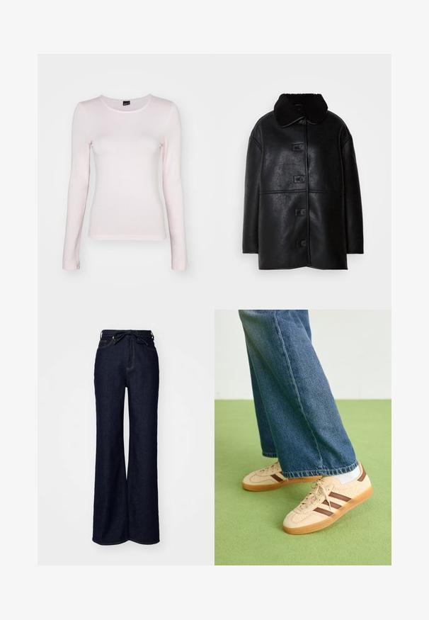 Fekete bőrkabát texturált felülettel, széles gallérral és öt elülső gombbal. Laza szabása és egyenes vonalai vannak.; Világos rózsaszín, hosszú ujjú felső, puha anyagból készült, kerek nyakkivágással és testhez simuló fazonnal, varrási részletekkel az alján és az ujjaknál.; Sötétkék, bő szárú farmernadrág, magas derékkal, elülső zsebekkel és megkötős derékrésszel.; Beige sportcipők textúrált krém színű panelek és barna csíkok részletezésével, kék farmernadrággal párosítva. A farmer széles szárú és rojtos szegéllyel rendelkezik.