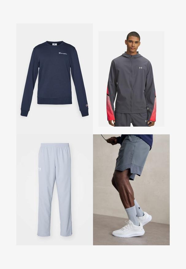 Grijs zip-up jack met capuchon, voorzien van rode gestreepte accenten op de mouwen en zwarte details. Gemaakt van lichtgewicht, glad materiaal.; Navyblauwe sweatshirt van een katoenmix, met lange mouwen, een ronde hals en een klein wit logo op de borst. Geribde manchetten en zoom.; Lichtblauwe sportbroek met een elastische tailleband, zijzakken en ritsen bij de enkels. Heeft een wit logo op de linkerdij.; Witte sportschoenen met een textuur van gaas aan de bovenkant, gecombineerd met lichtblauwe geribde sokken met een logo. Grijze sportshorts met geperforeerde accent.