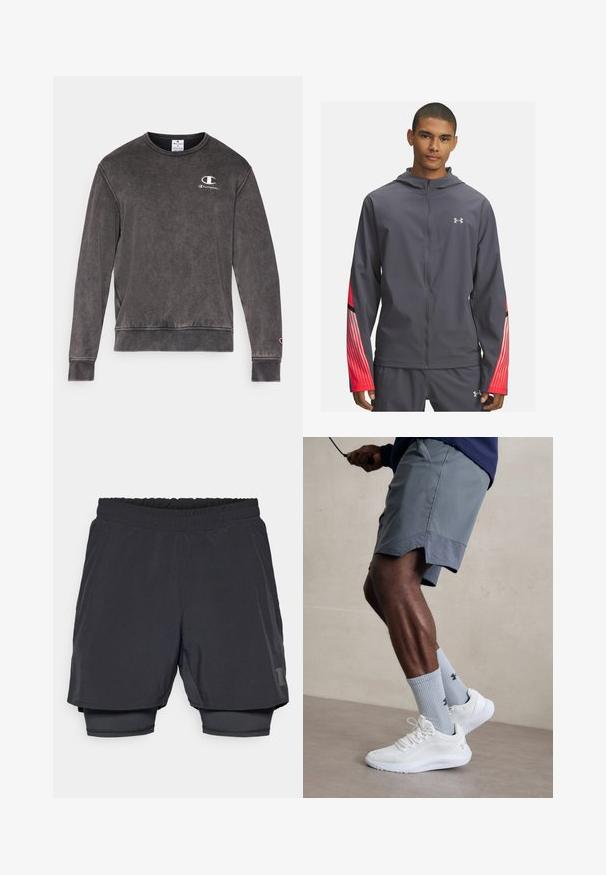 Giacca grigia con zip e cappuccio, caratterizzata da accenti a righe rosse sulle maniche e dettagli neri. Realizzata in materiale leggero e morbido.; Felpa grigia scura realizzata in un misto cotone, caratterizzata da un colletto rotondo, polsini a costine e un piccolo logo ricamato sul petto.; Shorts sportivi neri con cintura elastica, design a strati e foderatura interna aderente. Presentano un logo discreto sul lato inferiore.; Scarpe da ginnastica bianche con tomaia in mesh testurizzato, abbinate a calzini a coste blu chiaro con un logo. Pantaloni sportivi grigi con bordi perforati.