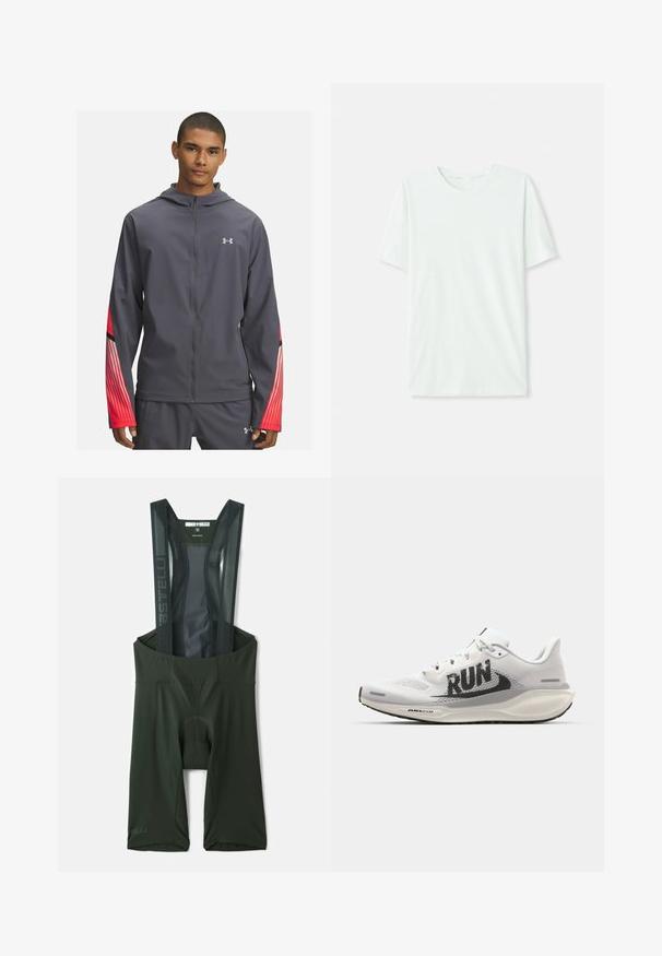 Giacca grigia con zip e cappuccio, caratterizzata da accenti a righe rosse sulle maniche e dettagli neri. Realizzata in materiale leggero e morbido.; T-shirt corto a maniche corte di un leggero verde menta, realizzato in tessuto morbido. Presenta un colletto a girocollo e una silhouette semplice e dritta senza decorazioni.; Pantaloncini da ciclismo nero-verde scuro con bretelle in materiale a rete, zona del sedile imbottita e dettagli riflettenti. Tessuto liscio e elastico per il massimo comfort.; Scarpa da corsa bianca con tomaia in rete, grande grafica nera "RUN", accenti grigio chiaro e suola imbottita con marchio "AIR 200M".