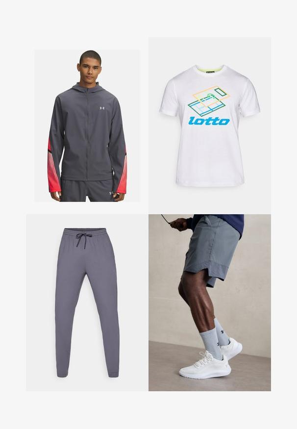 Huppari harmaana vetoketjulla, jossa on punaiset raidalliset yksityiskohdat hihoissa ja mustat yksityiskohdat. Valmistettu kevyestä ja sileästä materiaalista.; Valkoinen puuvillapaita, jossa on monivärinen graafinen kuvio ja sininen "lotto"-teksti. Lyhyet hihat ja pyöreä kaula-aukko.; Harmaat urheiluhousut, joissa on joustava vyötärö ja naru. Sileä rakenne, kapeneva lahjamuotoilu, mukana pieni logo sivussa.; Valkoiset urheilukengät, joissa on karkea verkkomateriaali, yhdessä vaaleansinisten ribattujen sukkien kanssa, joissa on logo. Harmaat urheiluhousut, joissa on rei'itetty reunus.