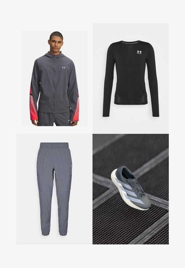Grijs zip-up jack met capuchon, voorzien van rode gestreepte accenten op de mouwen en zwarte details. Gemaakt van lichtgewicht, glad materiaal.; Zwarte lange mouwen sportshirt gemaakt van een gladde, lichte stof. Heeft een slim fit ontwerp en mesh zijpanelen. Under Armour-logo op de borst.; Lichte grijze stretchbroek met een elastische tailleband, taps toelopende pasvorm en schuine zijzakken, met subtiele stikdetails.; Sportschoen in grijs en wit, gemaakt van synthetisch materiaal, met een gestroomlijnd ontwerp, textuurafwerking en een opvallend vetersysteem.