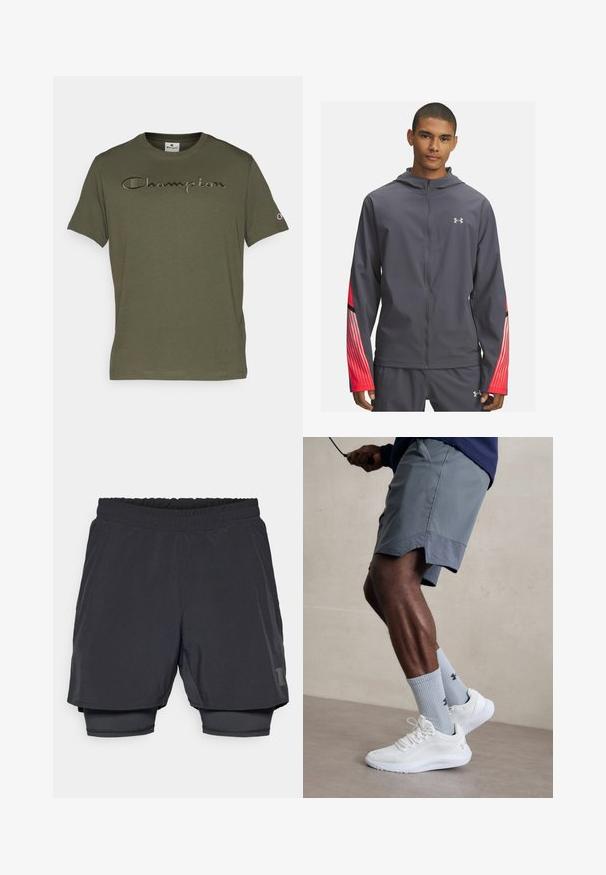 Siva zip-nesna jakna s kapuco, z rdečimi črtami na rokavih in črnimi detajli. Narejena iz lahkotnega, gladkega materiala.; Champion ICONS TONAL CREWNECK WITH LARGE LOGO - Potiskana majica - dark green; Črne športne kratke hlače z elastičnim pasom, plastno zasnovo in oprijetim notranjim podlogom. Na spodnji strani je subtilen logotip.; Bela športna obutev z zgornjim delom iz teksturirane mreže, kombinirana z svetlo modrimi rebrastimi nogavicami z logotipom. Sivi športni šortsi s perforiranim robom.