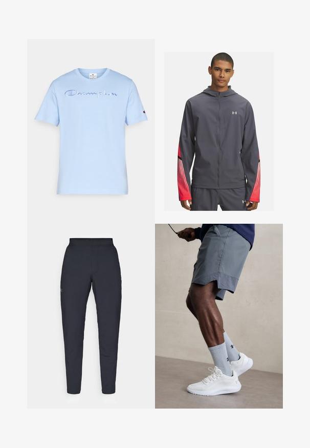 Gray zip-up jacket with a hood, featuring red striped accents on the sleeves and black detailing. Made of lightweight, smooth material.; Light blue cotton t-shirt with short sleeves. Features embroidered "Champion" logo on the front and logo patch on the left sleeve.; Black athletic pants with a smooth texture, slim fit, elastic waistband, and side pockets. Features a small logo on the left thigh.; White athletic shoes with textured mesh upper, paired with light blue ribbed socks featuring a logo. Grey athletic shorts with perforated trim.