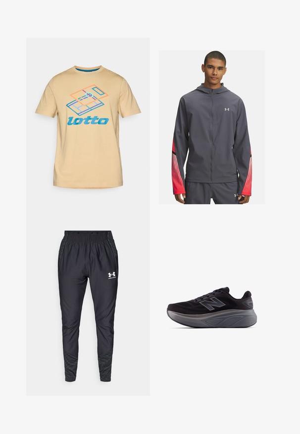 Pelēka jakas ar rāvējslēdzēju un kapuci, ar sarkaniem svītrām uz piedurknēm un melnu detalizāciju. Izgatavota no viegla, gluda materiāla.; Bēšas kokvilnas t-krekls ar krāsainu grafiku, kurā attēlots tenisa korts un zils zīmols "lotto", ar īsām piedurknēm un apaļu kakla izgriezumu.; Under Armour PRO PANT - Treniņtērpa apakšdaļas - black/white; Melnas sporta kurpes ar teksturētu virsu, pastiprinātu papēdi un biezu pelēku zoli. Iezīmēta ar izcilu "N" simbolu.