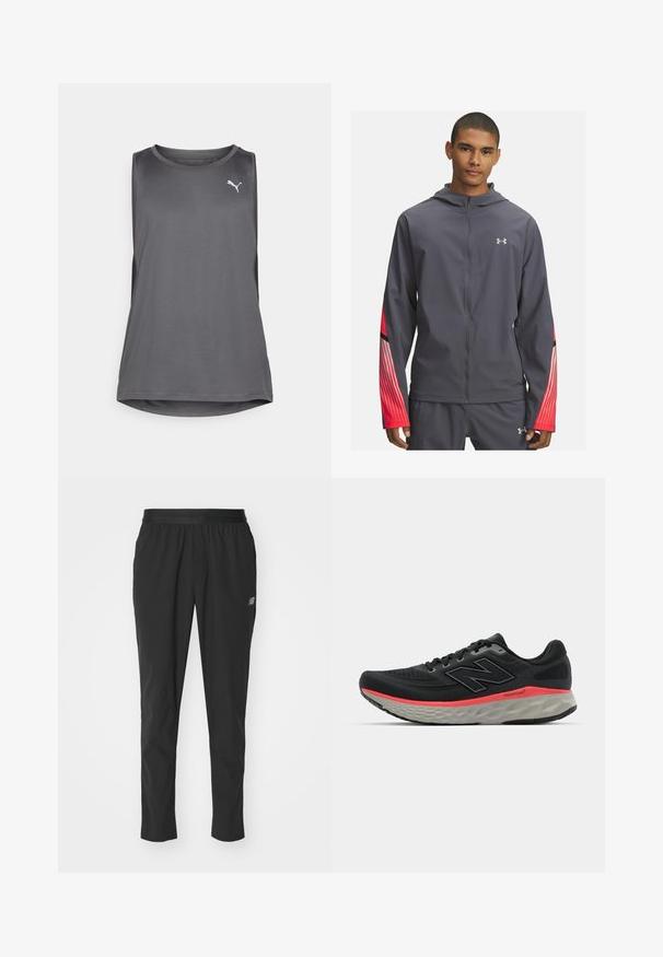 Szara kurtka zapinana na zamek z kapturem, z czerwonymi paskami na rękawach i czarnymi detalami. Wykonana z lekkiego, gładkiego materiału.; Szary bezrękawnik sportowy wykonany z oddychającego materiału, z okrągłym dekoltem i bocznymi wycięciami. Białe logo z przodu.; Czarne sportowe spodnie wykonane z lekkiego materiału, z elastycznym pasem, zwężającym się krojem i subtelnym logo po boku.; Czarne buty biegowe z siateczkowym cholewką, podkreślone różowym paskiem w śródstopiu i szarym bieżnikiem. Posiadają fakturowane detale i elastyczną konstrukcję podeszwy.