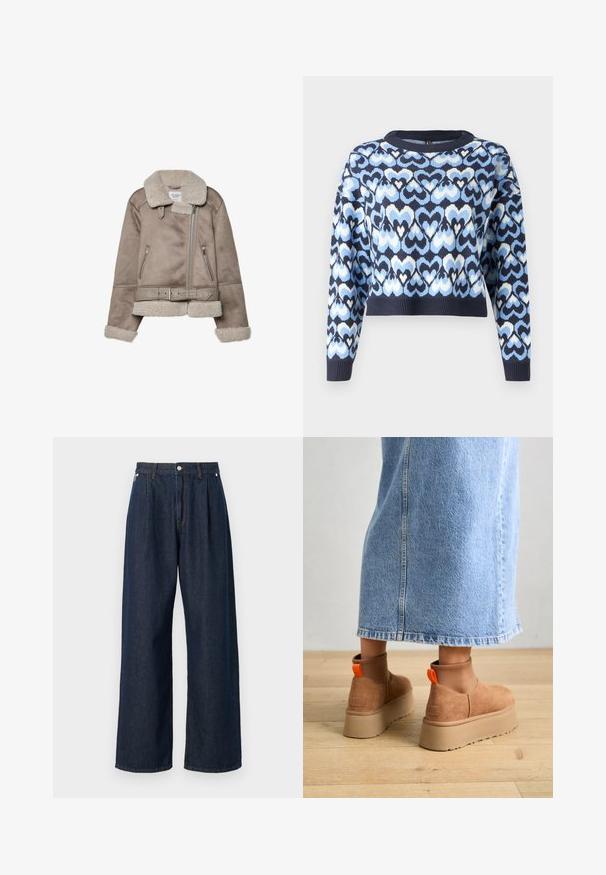 Béžová kožušinová bunda s širokým golierom, zipsovým zapínaním, dvoma prednými vreckami a opaskom. S fleecovou podšívkou a štruktúrovaným povrchom.; Námornícky modrý sveter s vzorom prepojených srdiečok v svetlomodrej a bielej farbe, skrátený strih s okrúhlym výstrihom a ribovanými nápletmi.; Tmavomodré nohavice s širokými nohavicami a vysokým pásom, s prekladaním, zipsom a kontrastným prešitím pozdĺž švov.; Hnedé zamskové platformové čižmy s elastickými bočnými panelmi a oranžovými ťahákmi, v kombinácii s sukňou z ľahkého denimu po kolená, na drevenej podlahe.