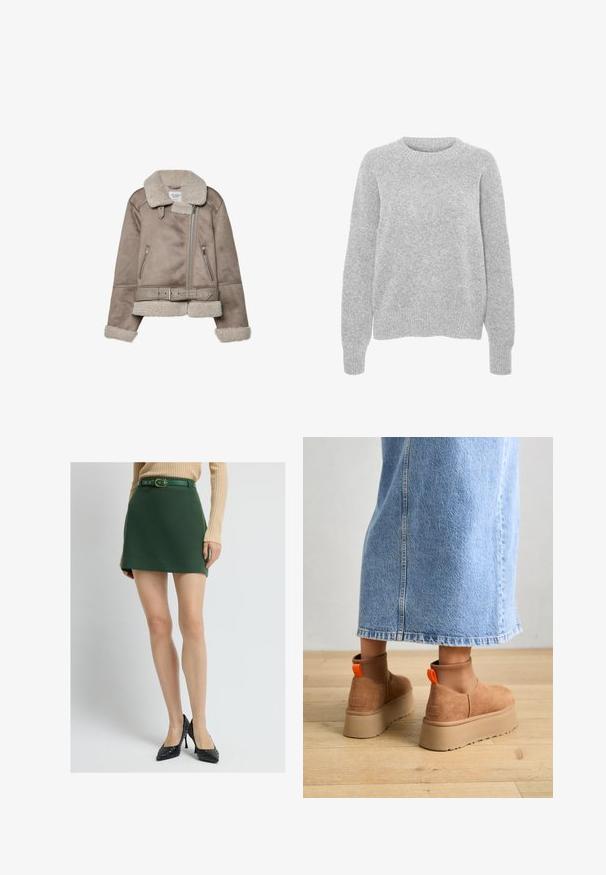 Giacca in shearling beige con ampio colletto, chiusura con zip, due tasche frontali e cintura. Fodera in pile e finitura testurizzata.; Maglione grigio lavorato a maglia con maniche lunghe, scollatura rotonda, polsini e orlo a coste, caratterizzato da una consistenza morbida e una vestibilità comoda.; Gonna mini verde con una texture liscia, dotata di una cintura abbinata con una fibbia dorata. Abbinata a scarpe col tacco alto nere intrecciate.; Stivali platform in suede marrone con pannelli laterali elastici e linguette arancioni, abbinati a una gonna di jeans chiara, lunga fino al ginocchio, su un pavimento di legno.