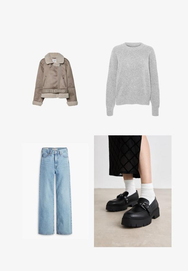 Beige Schaffelljacke mit breitem Kragen, Reißverschluss, zwei vorderen Taschen und einem Gürtel. Fleece-Futter und strukturierte Oberfläche.; Grauer Strickpullover mit langen Ärmeln, Rundhalsausschnitt, gerippten Bündchen und Saum, mit weicher Textur und lockerer Passform.; Hochgeschnittene, hellblaue Schlagjeans mit Frontknopf und Reißverschluss, Gürtelschlaufen und fünf Taschen.; Schwarze Plateauslurchen mit glattem Lederfinish, ausgestattet mit einer Schnallendetail und Nietenakzenten, kombiniert mit weißen gerippten Socken.