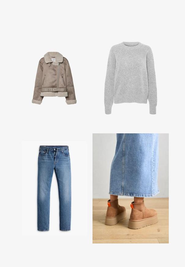 Beige shearling-takki, jossa on leveä kaulus, vetoketjusuljenta, kaksi etutaskua ja vyö. Fleecellä vuorattu ja teksturoitu pinta.; Harmaa neulottu paita pitkillä hihoilla, pyöreällä kaula-aukolla, ribbireunuksilla ja helmalla, jossa on pehmeä tekstuuri ja rento istuvuus.; Siniset farkut suoralla istuvuudella, viisi taskua ja nappilukko. Ominaisuuksiin kuuluu voimakas kulutusjälki ja hienovaraiset ompeluyksityiskohdat.; Ruske mokasine z platformo in elastiko na straneh ter oranžnimi zategovalnimi trakovi, v kombinaciji z osnovno dolžino svetle denim krila na lesenem podu.