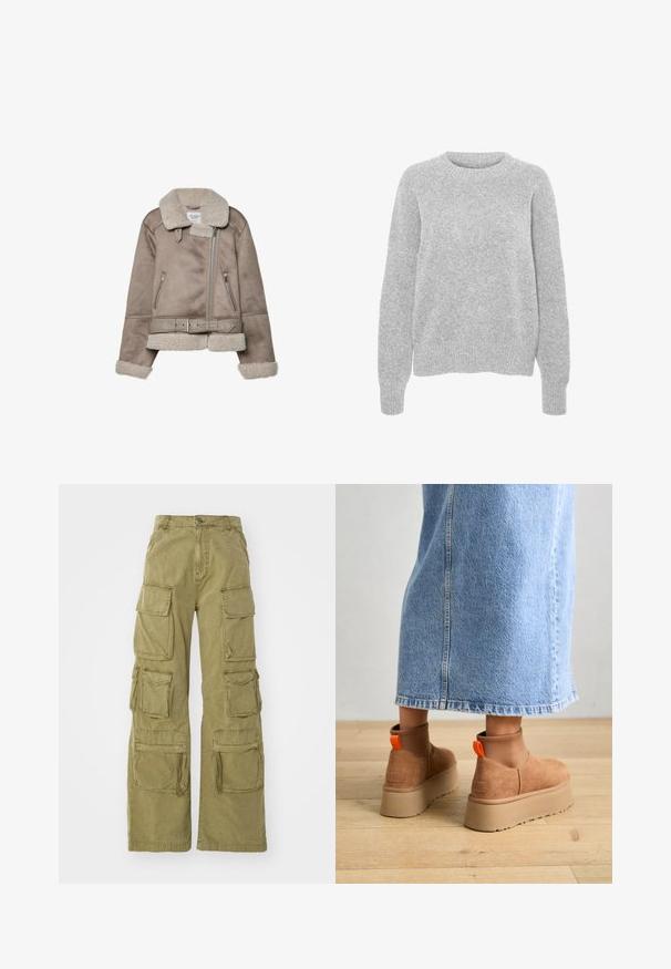 Béžová kožušinová bunda s širokým golierom, zipsovým zapínaním, dvoma prednými vreckami a opaskom. S fleecovou podšívkou a štruktúrovaným povrchom.; Sivý pletený sveter s dlhými rukávmi, okrúhlym výstrihom, rebrovanými manžetami a lemom, s mäkkou textúrou a voľným strihom.; Khaki cargo nohavice v voľnom strihu, s množstvom veľkých úžitkových vreciek, prešívaním a gombíkovým zapínaním. Odolná bavlnená látka.; Hnedé zamskové platformové čižmy s elastickými bočnými panelmi a oranžovými ťahákmi, v kombinácii s sukňou z ľahkého denimu po kolená, na drevenej podlahe.