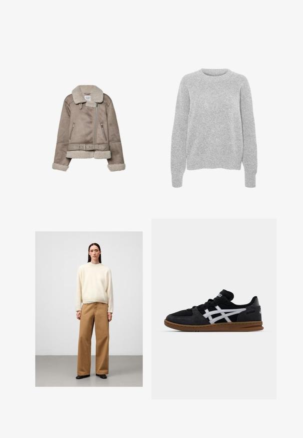 Beige Schaffelljacke mit breitem Kragen, Reißverschluss, zwei vorderen Taschen und einem Gürtel. Fleece-Futter und strukturierte Oberfläche.; Grauer Strickpullover mit langen Ärmeln, Rundhalsausschnitt, gerippten Bündchen und Saum, mit weicher Textur und lockerer Passform.; Cremfarbener Pullover aus einem flauschigen Material, kombiniert mit hellbraunen weit geschnittenen Hosen. Schlichte Gestaltung mit minimalen Akzenten. Schwarze Schuhe vervollständigen das Outfit.; Schwarze und graue Sportschuhe mit weißen Akzenten, aus Wildleder und Mesh, flache Gummisohle, Schnürdesign und Branding an der Ferse.