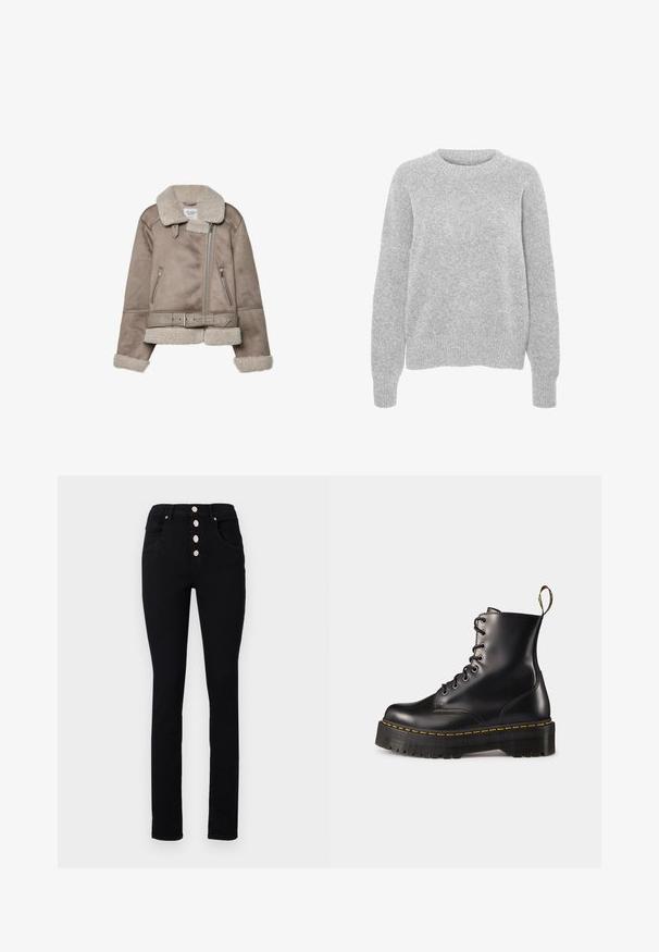 Veste en shearling beige avec un large col, fermeture zippée, deux poches avant et une ceinture. Doublure en polaire et finition texturée.; Pull en maille gris avec des manches longues, un col rond, des bords-côtes aux poignets et à l'ourlet, présentant une texture douce et une coupe décontractée.; Jeans noirs taille haute à coupe slim, dotés de cinq boutons-pression argentés et de poches avant. Texture en denim lisse sans motifs.; Bottes chelsea en cuir noir avec lacets, à semelle épaisse noire et couture jaune. Comprend une anse à l'arrière et des œillets en métal circulaires.