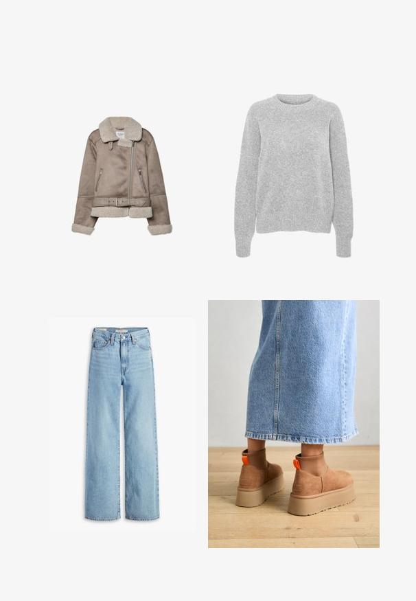 Beige shearling-takki, jossa on leveä kaulus, vetoketjusuljenta, kaksi etutaskua ja vyö. Fleecellä vuorattu ja teksturoitu pinta.; Harmaa neulottu paita pitkillä hihoilla, pyöreällä kaula-aukolla, ribbireunuksilla ja helmalla, jossa on pehmeä tekstuuri ja rento istuvuus.; Korkeavyötäröiset, vaaleansiniset levenevät farkut, joissa on etupainike ja vetoketju, vyölenkit ja viisi taskua.; Ruske mokasine z platformo in elastiko na straneh ter oranžnimi zategovalnimi trakovi, v kombinaciji z osnovno dolžino svetle denim krila na lesenem podu.