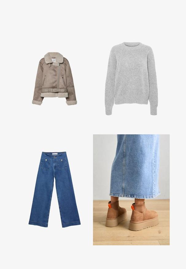 Bežični plašč iz ovčje kože s širokim ovratnikom, zadrgo, dvema sprednjima žepoma in pasom. Podloga iz flisa in teksturirana površina.; Sivkasta pleteno pulover z dolgimi rokavi, okroglim izrezom, rebrastimi manšeti in obesom, ki se ponaša z mehko teksturo in sproščenim krojem.; Jeans širokih nogavic iz denima z medenim modrim pranjem, dvema sprednjima žepoma z gumbnimi zaprtji in šivanjem ob robovih.; Rjave suede platform čizme z elastičnimi stranskimi paneli in oranžnimi zankami, v kombinaciji s svetlobno denim krilom do kolen na lesenem tleh.