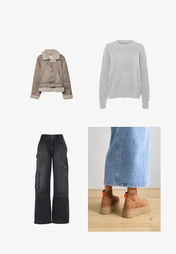 Beige ušlechtilecká bunda z ovčí vlny s širokým límcem, zipovým uzavřením, dvěma předními kapsami a páskem. Hřejivá fleece podšívka a texturovaný povrch.; Šedý pletený svetr s dlouhými rukávy, kulatým výstřihem, ribovanými manžetami a lemem, s jemnou strukturou a uvolněným střihem.; Černé cargo kalhoty z denimu, s širokými nohavicemi, několika bočními kapsami a přiléhavým pasem s předním knoflíkovým zapínáním.; Hnědé semišové platformové boty s elastickými bočními panely a oranžovými poutky, spárované s sukní z jasného denimu ke kolenům na dřevěné podlaze.