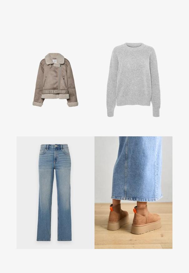 Beige ušlechtilecká bunda z ovčí vlny s širokým límcem, zipovým uzavřením, dvěma předními kapsami a páskem. Hřejivá fleece podšívka a texturovaný povrch.; Šedý pletený svetr s dlouhými rukávy, kulatým výstřihem, ribovanými manžetami a lemem, s jemnou strukturou a uvolněným střihem.; Světle modré denimové džíny s vysokým pasem, širokým střihem, pěti kapsami a jemným vyblednutím. Šití v kontrastní oranžové barvě.; Hnědé semišové platformové boty s elastickými bočními panely a oranžovými poutky, spárované s sukní z jasného denimu ke kolenům na dřevěné podlaze.