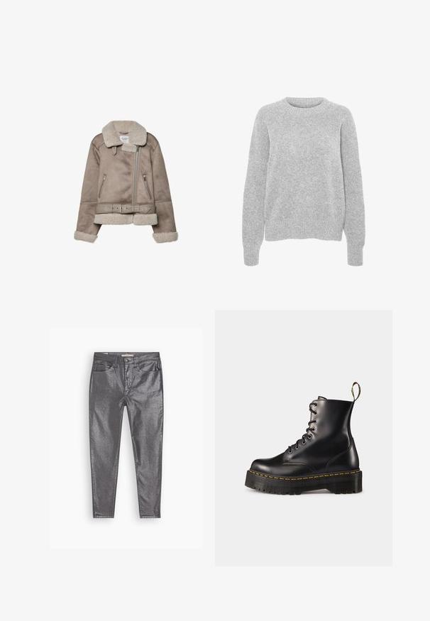 Bežični plašč iz ovčje kože s širokim ovratnikom, zadrgo, dvema sprednjima žepoma in pasom. Podloga iz flisa in teksturirana površina.; Sivkasta pleteno pulover z dolgimi rokavi, okroglim izrezom, rebrastimi manšeti in obesom, ki se ponaša z mehko teksturo in sproščenim krojem.; Metalni sivi kavbojke s slim fit krojem, petimi žepi in subtilnim sijajem. Narejene so iz materiala, podoben jeansu, z gumbom in zadrgo.; Črne usnjen lace-up gležnjarje z debelim črnim podplatom in rumenim šivanjem. Imajo zanko na hrbtni strani in okrogle kovinske učke.