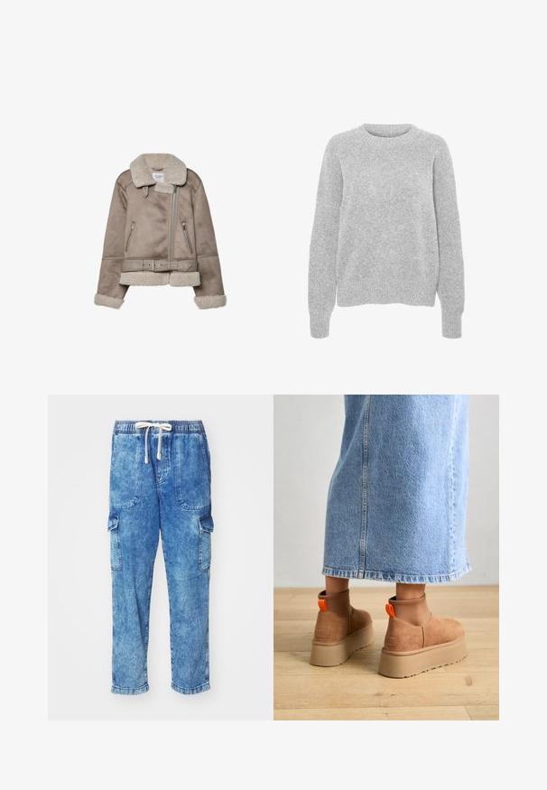 Bežični plašč iz ovčje kože s širokim ovratnikom, zadrgo, dvema sprednjima žepoma in pasom. Podloga iz flisa in teksturirana površina.; Sivkasta pleteno pulover z dolgimi rokavi, okroglim izrezom, rebrastimi manšeti in obesom, ki se ponaša z mehko teksturo in sproščenim krojem.; Svetlo modri denim cargo hlače z elastičnim pasom, z vrvico za zapenjanje in dvema stranskima žepoma. Imajo en sam cargo žep na levi nogi.; Rjave suede platform čizme z elastičnimi stranskimi paneli in oranžnimi zankami, v kombinaciji s svetlobno denim krilom do kolen na lesenem tleh.