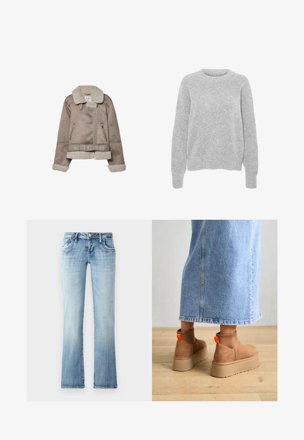 Beige ušlechtilecká bunda z ovčí vlny s širokým límcem, zipovým uzavřením, dvěma předními kapsami a páskem. Hřejivá fleece podšívka a texturovaný povrch.; Šedý pletený svetr s dlouhými rukávy, kulatým výstřihem, ribovanými manžetami a lemem, s jemnou strukturou a uvolněným střihem.; Světle modré džínové kalhoty s rovnými nohavicemi, obsahující pět kapes, zapínání na knoflík a jemné vyblednutí v textuře látky.; Hnědé semišové platformové boty s elastickými bočními panely a oranžovými poutky, spárované s sukní z jasného denimu ke kolenům na dřevěné podlaze.