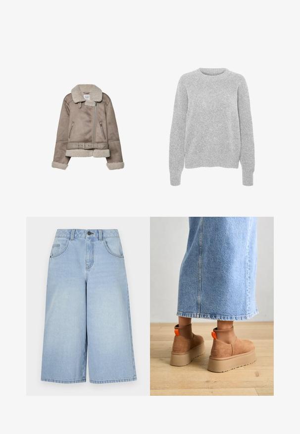 Bež jakna od ovčjeg krzna s širokim ovratnikom, zatvaranjem na patentni zatvarač, dva prednja džepa i remenom. Podstava od flisa i teksturirani finiš.; Sivi pleteni pulover s dugim rukavima, okruglim izrezom, rebrastim manžetama i rubom, s mekim teksturom i opuštenim krojem.; Svijetloplavi traper šorcovi s opuštenim krojem, sadrže pet džepova i kopčanje na gumbe. Tkanina ima blago izblijedjelu boju i glatku teksturu.; Smeđe suede platform čizme s elastičnim bočnim panelima i narančastim vučnim trakama, uparenim s suknjom od svijetlog denima do koljena na drvenom podu.