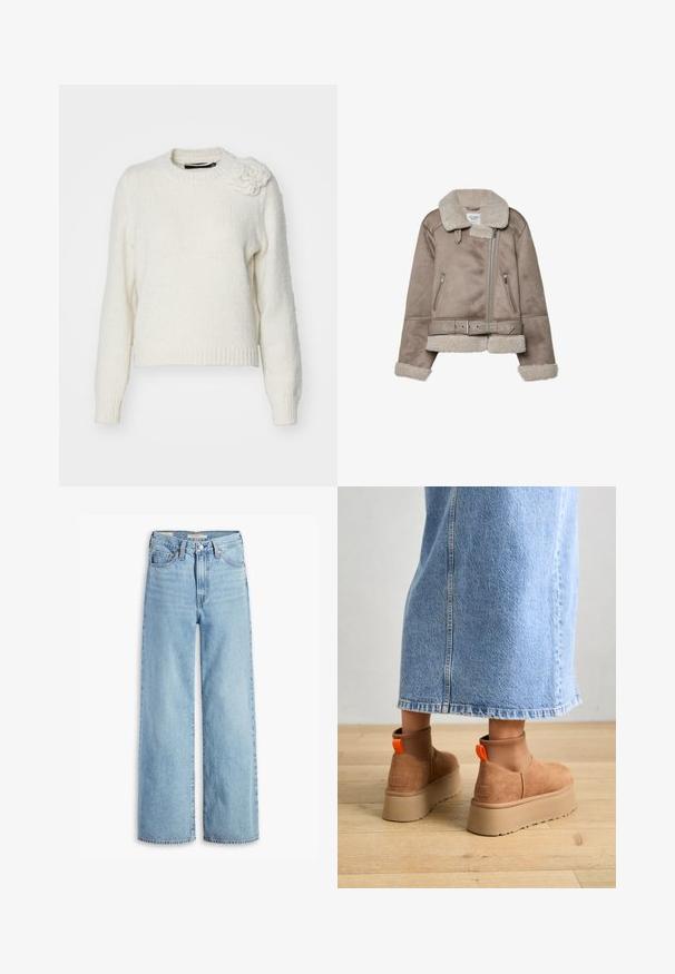 Beżowa kurtka z barankiem, z szerokim kołnierzem, zapięciem na zamek, dwoma przednimi kieszeniami i paskiem. Podszewka z polarowego materiału i fakturowane wykończenie.; Biała dzianinowa bluza z okrągłym dekoltem, długimi rękawami i teksturalnym kwiatowym akcentem na ramieniu. Miękki, przytulny materiał.; Jeansy o wysokim stanie, jasnoniebieskie, szerokie nogawki, z przednim guzikiem i zamkiem błyskawicznym, pętelkami na pasek oraz pięcioma kieszeniami.; Brązowe zamszowe buty na platformie z elastycznymi bokami i pomarańczowymi uchwytami, w połączeniu z jasnoniebieską spódnicą do kolan na drewnianej podłodze.
