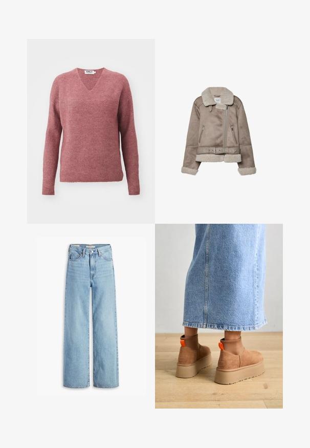 Beige Schaffelljacke mit breitem Kragen, Reißverschluss, zwei vorderen Taschen und einem Gürtel. Fleece-Futter und strukturierte Oberfläche.; V-Ausschnitt, langärmliger Pullover aus einem weichen, gerippten Strick. Die Farbe ist staubiges Rosa mit einem lockeren Schnitt und überschnittenen Schultern für zusätzlichen Komfort.; Hochgeschnittene, hellblaue Schlagjeans mit Frontknopf und Reißverschluss, Gürtelschlaufen und fünf Taschen.; Braune Wildleder-Plateau-Stiefel mit elastischen Seitenpaneelen und orangen Zuglaschen, kombiniert mit einem knielangen hellen Jeansrock auf einem Holzboden.