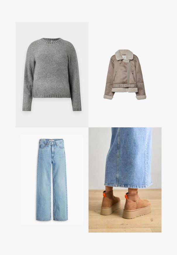 Beige Schaffelljacke mit breitem Kragen, Reißverschluss, zwei vorderen Taschen und einem Gürtel. Fleece-Futter und strukturierte Oberfläche.; Grauer Strickpullover mit Rundhalsausschnitt, langen Ärmeln und gerippten Akzenten an den Bündchen und dem Saum. Weiche Textur mit einem leicht lockeren Schnitt.; Hochgeschnittene, hellblaue Schlagjeans mit Frontknopf und Reißverschluss, Gürtelschlaufen und fünf Taschen.; Braune Wildleder-Plateau-Stiefel mit elastischen Seitenpaneelen und orangen Zuglaschen, kombiniert mit einem knielangen hellen Jeansrock auf einem Holzboden.